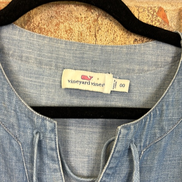 Vineyard Vines Blue Chambray Dress Flutter Sleeve Lace Up Tassel Size 00 - Picture 3 of 6